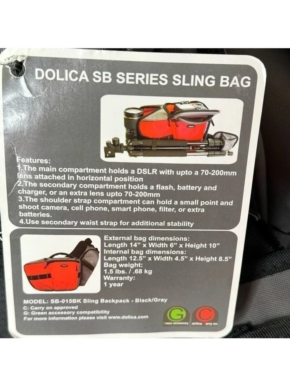 Dolica‎ SB Sling Bag Backpack for DSLR Black Gray